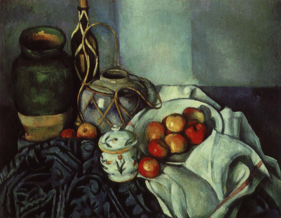 Paul Cezanne stilleben med krukor och frukt